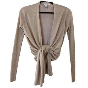 DIANE VON FURSTENBERG Metallic Gold & Cream Open Front Back Gather Cardigan Sz P